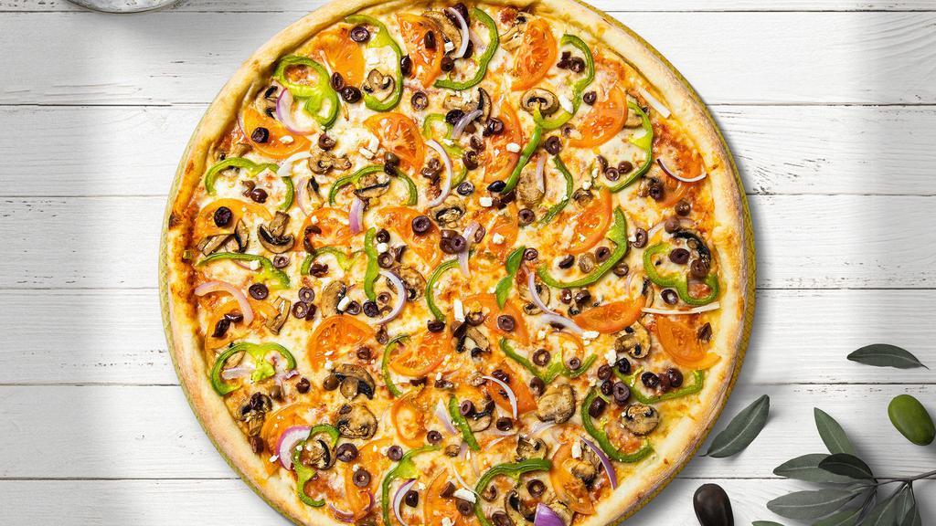 Eve'S Garden Pizza · Artichokes, red onions, green peppers, mushrooms, black olives, tomatoes, and spinach baked on a hand-tossed dough.