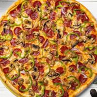For The Extreme Pizza · Pepperoni, sausage, red onions, green peppers, mushrooms, ＆ black olives baked on a hand-tos...
