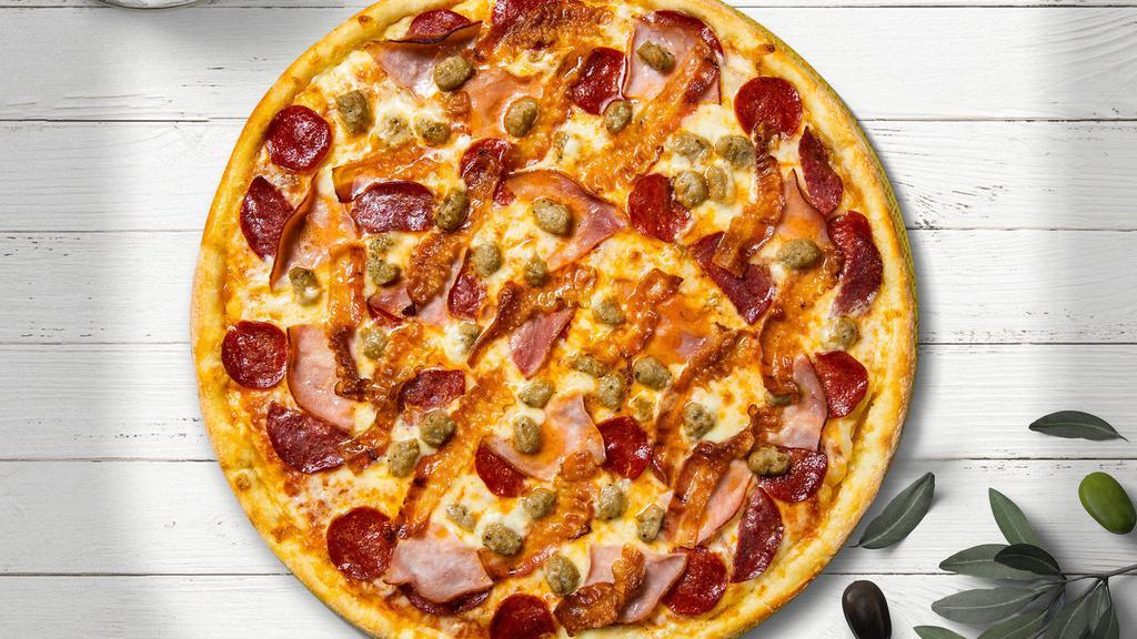 Meat Club Pizza · Pepperoni, sausage, meatballs, bacon, ham, and garlic baked on a hand-tossed dough.