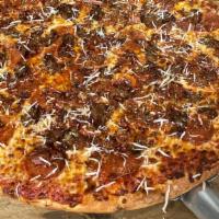 16'' The Butcher Pie · Tomato sauce, pepperoni, bacon, prosciutto, Italian sausage, and Romano cheese.