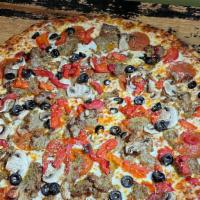 10'' Rogerfloyd Pie · Marinara sauce, mozzarella, pepperoni,home made sausage, roasted pepper, mushrooms, and blac...