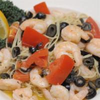 Pasta Classico · Cold water shrimp sauteed in olive oil, butter, tomato, garlic and olives, served over capel...