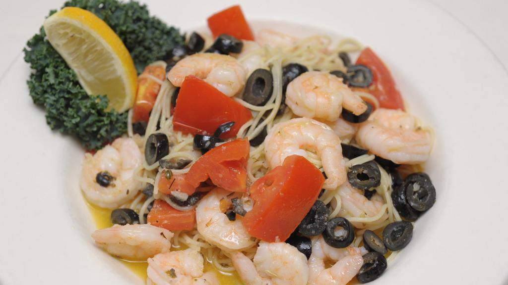 Pasta Classico · Cold water shrimp sauteed in olive oil, butter, tomato, garlic and olives, served over capellini pasta.