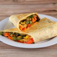 Grilled Veggie Wrap · Grilled veggie mix topped with Seasonal mix lettuce, tomatoes, onions, Mediterranean Pickles...