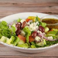 Large Greek Salad · Romaine lettuce, tomatoes, cucumbers, feta cheese, olives, pepper chines, and greek salad dr...