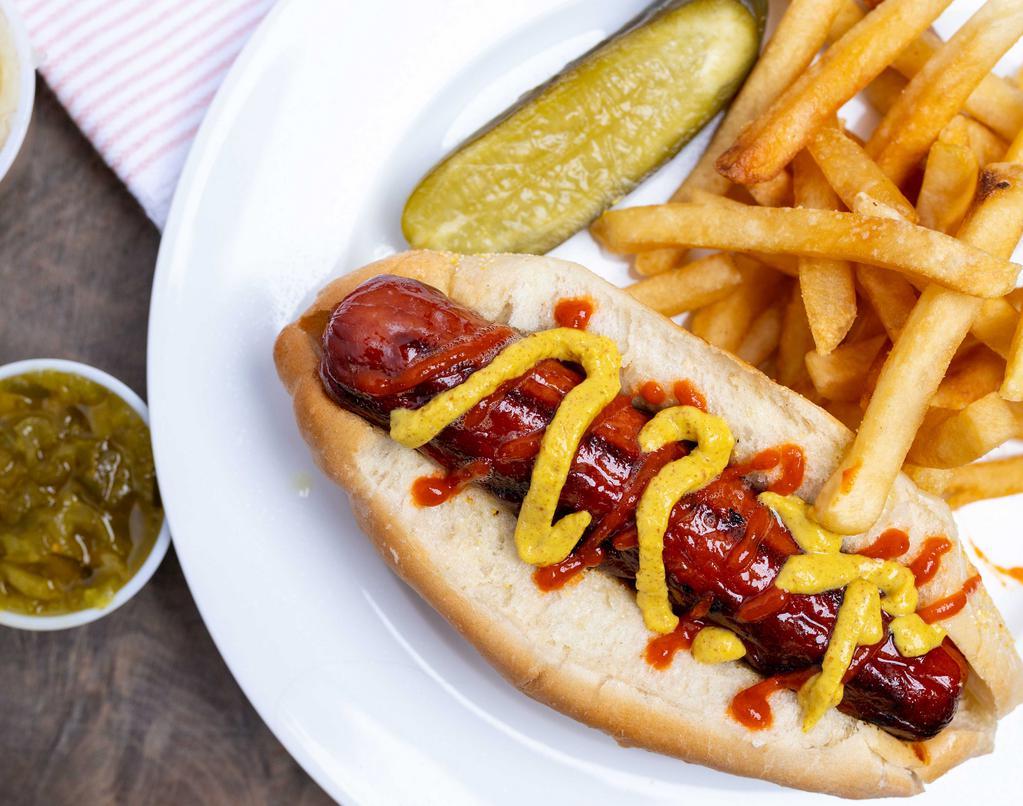 Mans Best Friend · Char-broiled 1/4 pound kosher hot dog served with sauerkraut, mustard, relish & pickle. Choice of french fries, potato salad or cole slaw.
