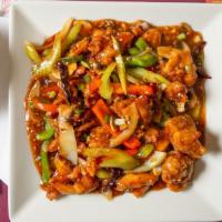Paradise Chicken · New. Chicken chunks sautéed with green and red bell peppers, mushrooms, and celery in specia...