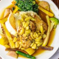 Roasted Garlic Chicken Breast · Sautéed spinach, organic vegetables, garlic mashed potatoes natural reduction and olive oil-...