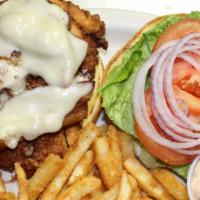 The Crispy Chicken Bacon & Swiss · Served with fries or house salad. 
Upgrade for .99 to caesar salad, onion rings, sweet potat...