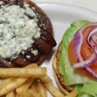 Bleu Cheese Bacon Burger · Served with fries or house salad. 
Upgrade for .99 to caesar salad, onion rings, sweet potat...