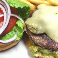 The Santa Fe · Beef patty topped with jalapeños, guacamole, and pepper jack cheese!