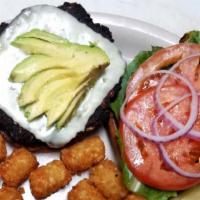 19Th Hole Black Bean Burger · Served with fries or house salad. 
Upgrade for .99 to caesar salad, onion rings, sweet potat...