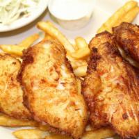 Beer Battered Fish & Chips · 4 pieces of hand dipped, lightly beer battered Alaskan cod or halibut served with fries and ...