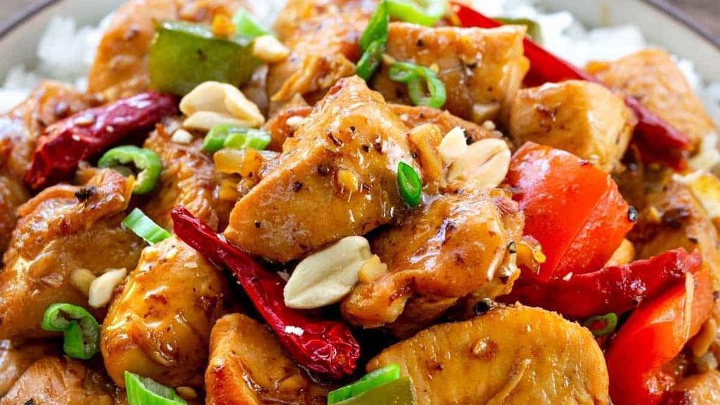 Combo Kungpao Chicken With White Rice · Contains nuts.

Spicy level 1-5. This KungPao Chicken spicy level is mild = 2 stars. Please note 