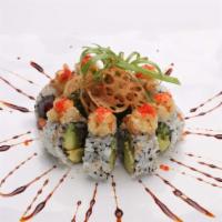 Dragon Roll · Shrimp tempura, cucumber with unagi, avocado, masago, unagi sauce, spicy mayo.