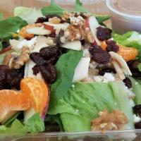Harvest Chicken Salad · Romaine spinach mix, bleu cheese, sun dried cherries, dried cranberries, walnuts, apple and ...