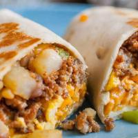 Sausage Breakfast Burrito · Eggs, sausage, tater tots, melted cheese, caramelized onions, avocado.