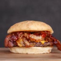 Bbq Bacon Cheese · All-American 1/3 lb. beef patty, toasted bun. CHOM sauce, cheddar, BBQ sauce, bacon, crispy ...