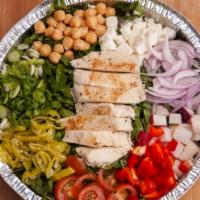 Greek Salad · Shredded romaine, grilled chicken, cherry tomato, cucumber, bell pepper, garbanzo bean, radi...