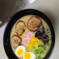 Cha Shu Ramen · Cha shu (pork) and soft boiled egg topped with seaweed, baby corn, mushroom, green onion, an...