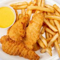 Breaded Chicken Tenders · Served with fries and choice of dip.