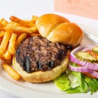 Burger · Ground beef patty cooked over open flame, and served hot on a brioche bun