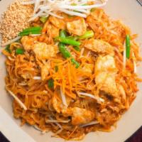 Pad Thai · Stir fried with rice noodle, egg, bean sprout, scallions, crushed peanuts, pad Thai sauce.