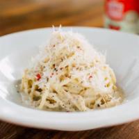 Cacio & Pepe · Creamy (but with no cream!) sauce with 16-month aged pecorino romano dop, 24-month aged Parm...