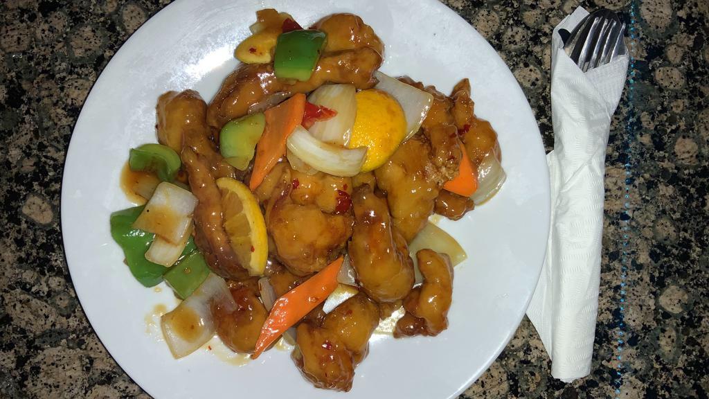 Orange Chicken · Hot and spicy. Lightly breaded chicken meat with spicy sweet sauce.
