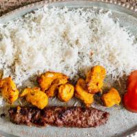 Chicken & Beef Kebab Combo · 1 skewer of chicken breast and 1 skewer of koobideh kebab served with saffron white rice and...