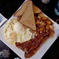 Bros Breakfast · Two eggs with your choice of bacon, turkey bacon, canadian bacon, or sausage.

Thoroughly co...