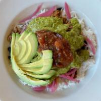 Emerald Bowl · Pulled pork or braised chicken over jasmine rice & black beans, topped with avocado, chimich...