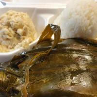 Lau Lau Plate · Pork, butterfish and taro leaf wrapped in ti leaves then steamed.