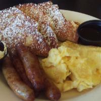 French Toast Combo · Two French toast served with two eggs any style, biscuits, and choice of bacon, sausage, or ...