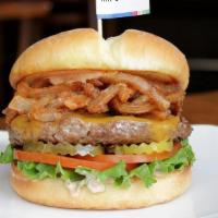 Impossible Burger (D) · Impossible burger patty, Tillamook cheddar cheese, lettuce, tomato, pickle, crispy onion str...