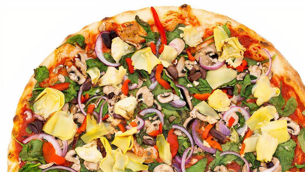Vegan Nirvana · Roasted red pepper, onion, artichoke hearts, Kalamata olives, spinach, mushroom, and garlic on our rich, marinara base. No cheese by default. Add vegan cheese for an additional charge.