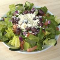 Chopped Greek Salad · Tomato, green peppers, red onion, feta, kalamata olives, and cucumber on mixed greens with o...