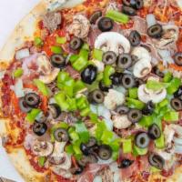 Extreme (Large) · Pepperoni, house-made sausage, onion, green pepper, black olive,  and mozzarella.