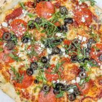 Pbr (Medium) · Pepperoni, garlic, crushed red pepper, black olive, feta, and mozzarella, finished with fres...