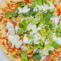 Buffalo (Medium) · Spicy garlic oil, red chicken, blue cheese crumbles, and mozzarella, finished with blue chee...