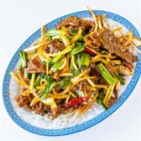 Mongolian Beef蒙古牛 · Favorite. Spicy. Sliced tender beef seared with onions, scallions in special Mongolian sauce.