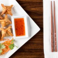 Crab Rangoon (6 Pieces) (Phô Mai Cua) · Cheesy imitation crab meat, green onion, black pepper, wrapped in wonton sheet, served with ...