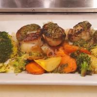 Prawn Skewers · Grilled prawns, served with mashed potatoes, chimichurri & roasted vegetables.
