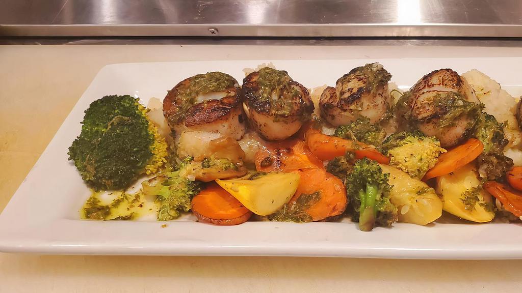 Prawn Skewers · Grilled prawns, served with mashed potatoes, chimichurri & roasted vegetables.