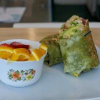 California Chicken Wrap · Spinach tortilla, chicken breast, spicy aioli, cheddar cheese, bacon, avocado, arugula and t...