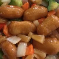 Sweet & Sour Divine · Soy protein, bell peppers, pineapple, carrots, onions, and sautéed with homemade sweet and s...