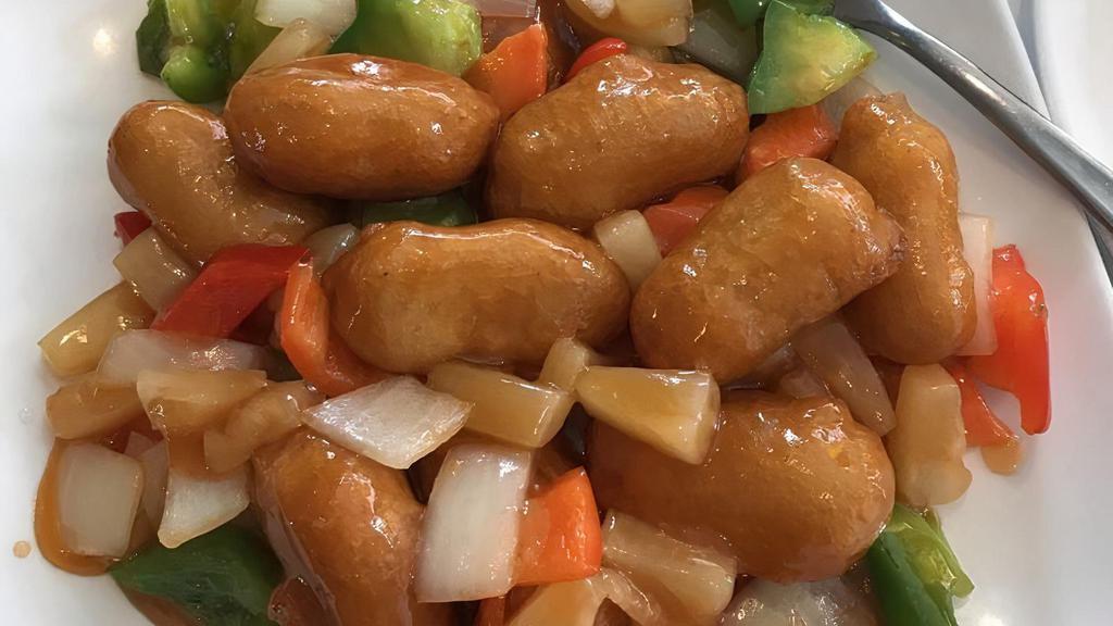 Sweet & Sour Divine · Soy protein, bell peppers, pineapple, carrots, onions, and sautéed with homemade sweet and sour sauce.