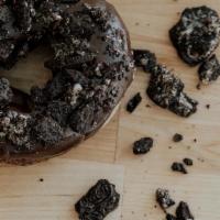Oreo · Chocolate cake donut, oreo buttercream, chocolate icing, crushed oreos.