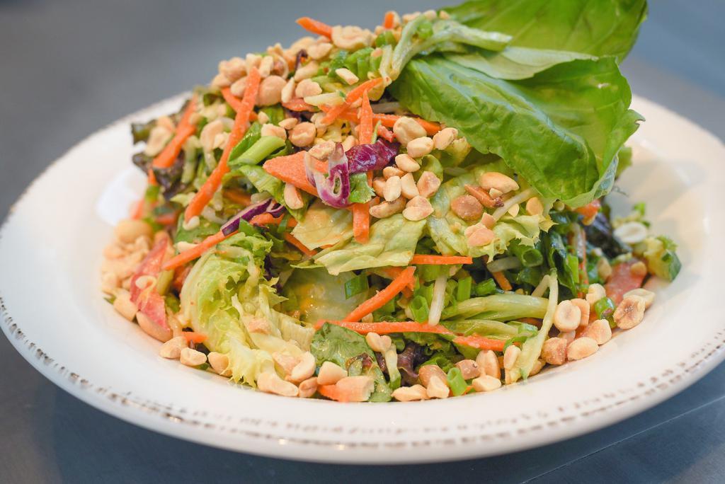 Thai Peanut And Basil Salad · Vegetarian, Gluten-free. Cabbage, red leaf lettuce, carrots, bell pepper, cilantro, basil, mint, green onion, cucumber, peanuts, and lime peanut vinaigrette. Contains soy.