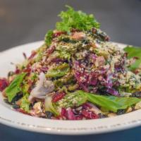 On The Wagon (Detox Salad) · Vegetarian, Gluten-free. Red leaf lettuce, kale, radicchio, almonds, dried cherries and blue...